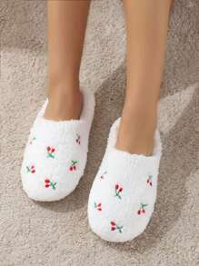 可爱刺绣水果毛绒保暖家居拖鞋，安静室内地板袜，女士秋冬款 - 白色 - 查看 1