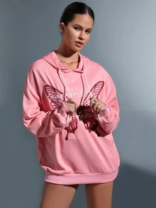 SHEIN Qutie Hình ảnh con bướm và khẩu hiệu Thả vai Dây rút Hoodie - Hồng - Xem 3