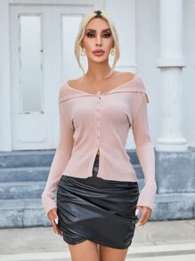 SHEIN Privé كارديجان طية مكشوف الكتف أزرار أمامية محبوك مضلع - وردي فاتح - مشاهدة 4