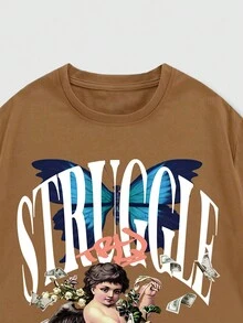 ROMWE MEN Street Life 男士人物和字母圖形t卹 - 棕色 - 查看 4