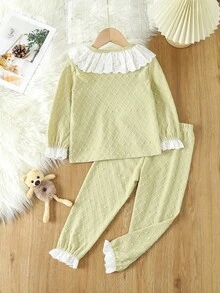 Chica Joven Conjunto de pijama con bordado con ojal ribete con fruncido de manga amplia - Amarillo - Ver 2