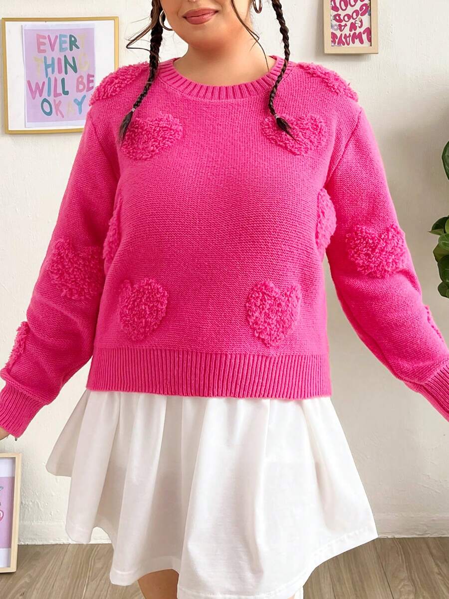 SHEIN Qutie Hơn Hình trái tim Thả vai Áo len - Màu Hồng Tươi - Xem 1