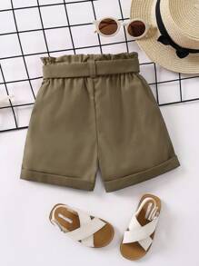 SHEIN Cô Gái Trẻ Nếp gấp cao eo Cuộn lên Hem Quần Short có thắt lưng - Màu Khaki - Xem 2