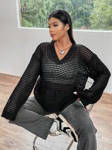 Flirla Hơn Thả vai Đan Mở Áo len Không có áo ngực - Màu xám đen - Xem 3