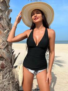 SHEIN Swim Summer Beach Tropical Print Ruched Halter Tankini - Black and White - View 4