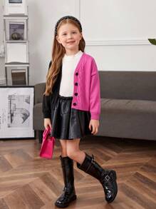 SHEIN 女小童1入組雙色麻花編織落肩袖開襟衫 - 彩色 - 查看 3