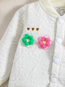 SHEIN Baby Girl Floral Embroidery Appliques Button Front Bomber Jacket - White - View 7