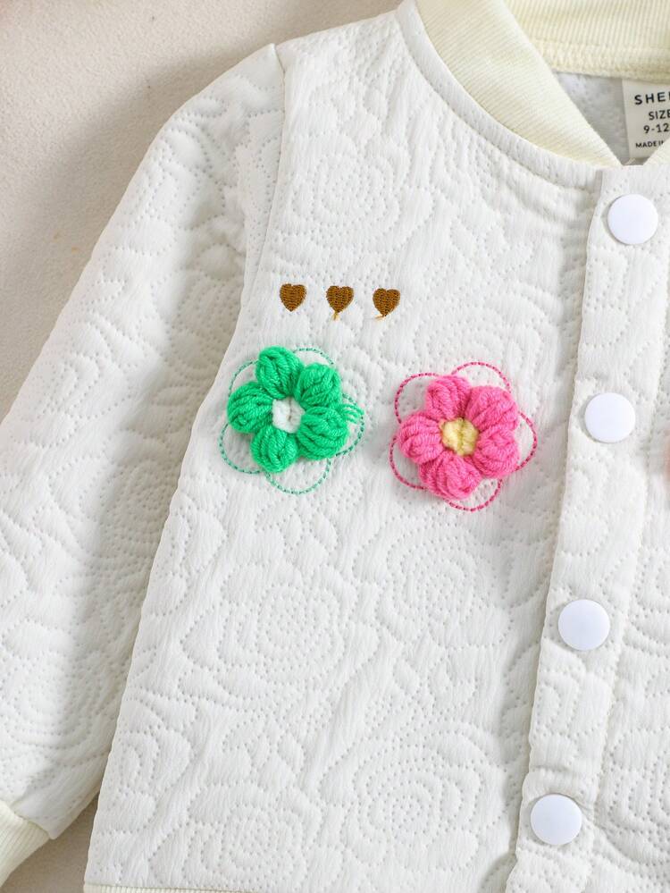 Baby Girl Floral Embroidery Appliques Button Front Bomber Jacket