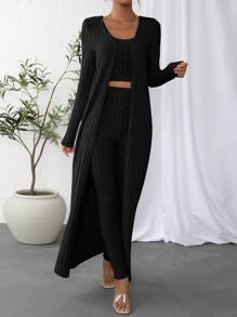 SHEIN Essnce Solid Crop Tank Top & Leggings & Coat - Black - View 6