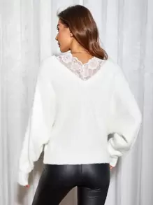 SHEIN Privé Áo len trễ vai viền ren - Màu be - Xem 3