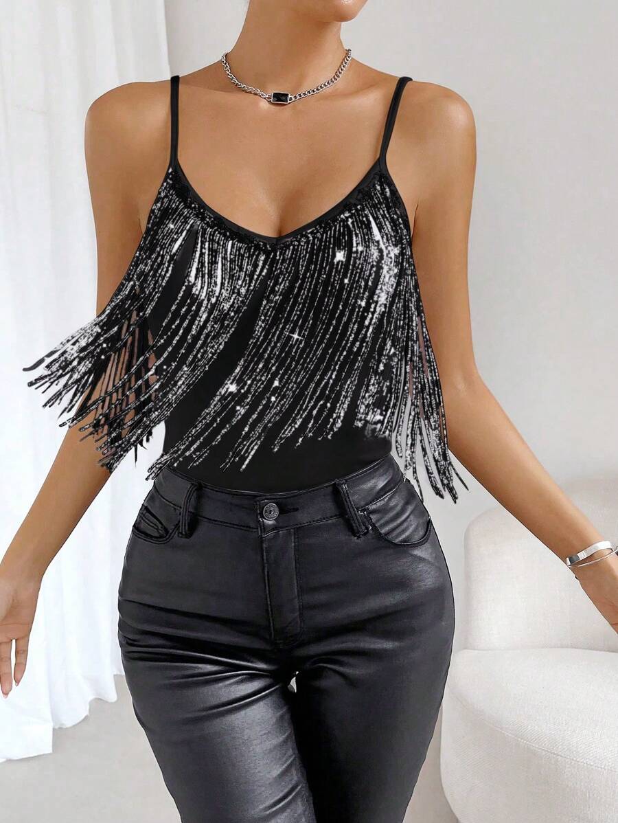 Allurite Fringe Trim Cami Top - Black - View 1