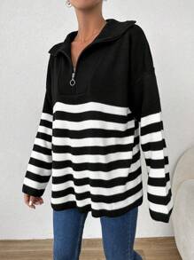 EURMUSE Striped Pattern Quarter Zip Drop Shoulder Sweater - Black and White - View 4