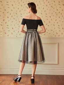 Vintamour Off Shoulder Dobby Mesh Flare Hem Dress - Black - View 4