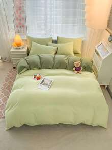 3pcs Green Washed Double-sided Duvet Cover And Pillowcase Set - Green - View 7