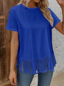 SHEIN LUNE Solid Fringe Hem Tee - Royal Blue - View 4