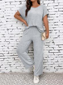 SHEIN LUNE 大碼蝙蝠袖T恤&闊腿褲 - 灰色 - 查看 4