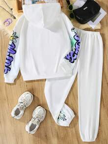 青少年女孩字母圖案連帽衫和運動褲 - 彩色 - 查看 2