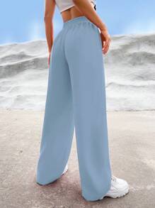 SHEIN EZwear Women Daily Wear Solid Color Wide Leg Pants - Baby Blue - View 2