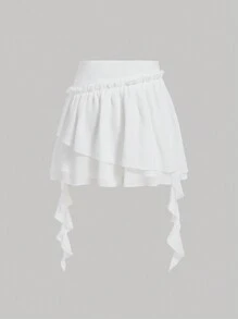 SHEIN MOD Solid Frill Trim White Skirt - White - View 2