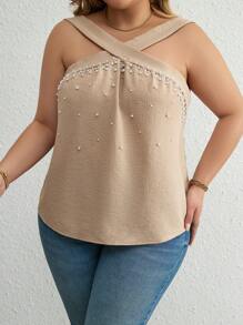 SHEIN Clasi Plus Top À Fines Brides À Perles Croisé - Kaki - Voir 3