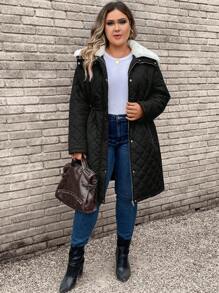 SHEIN LUNE Plus Borg Collar Zipper Quilted Coat - Black - View 5