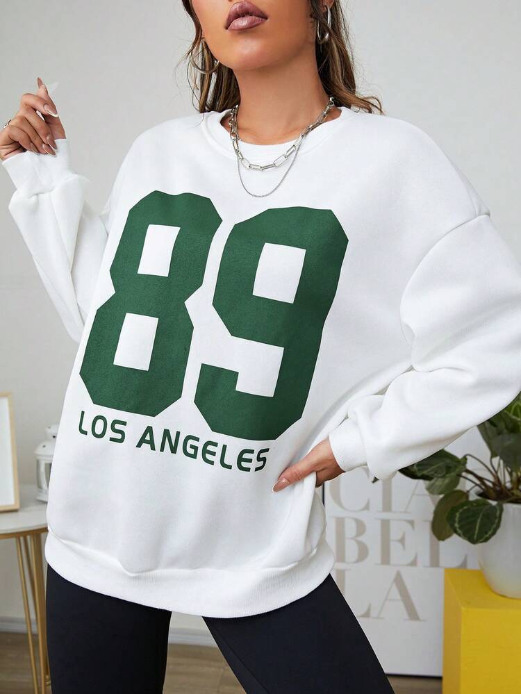 SHEIN EZwear 數字和字母圖案落肩袖內襯連帽衫 - 白色 - 查看 4
