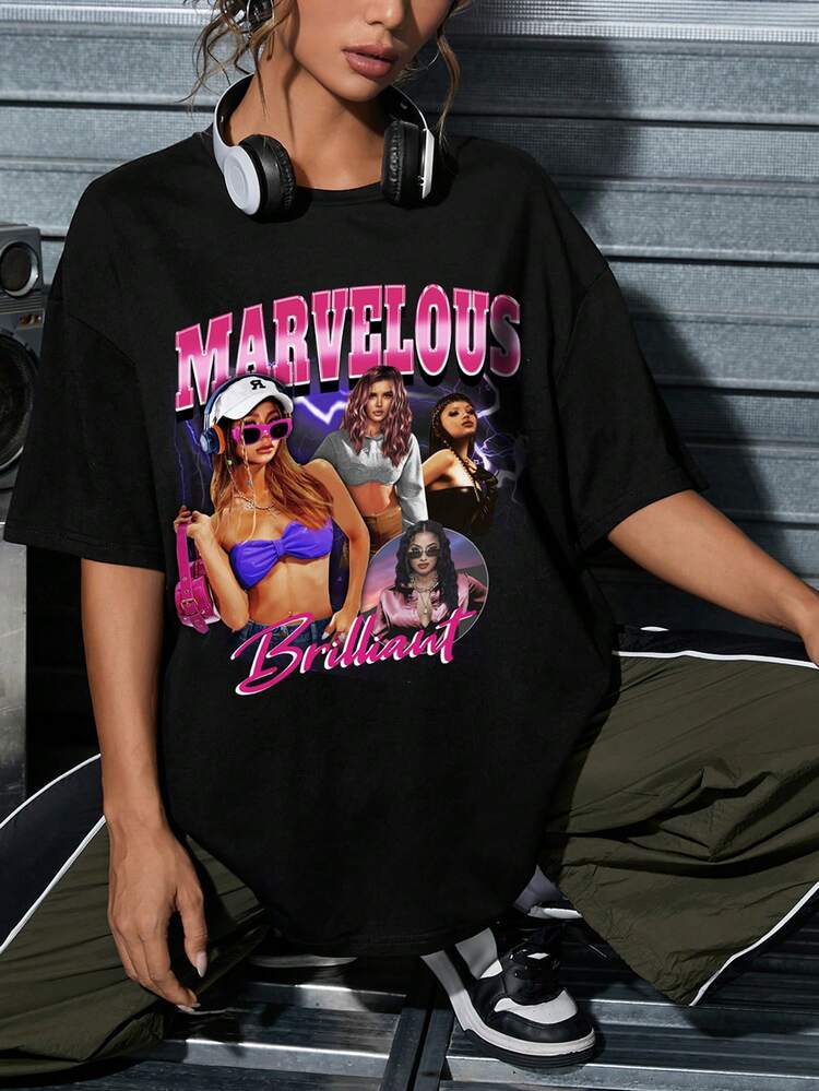 SHEIN EZwear 休閒簡約卡通肖像印花女款寬鬆T恤，適合夏季穿著 - 黑色 - 查看 4