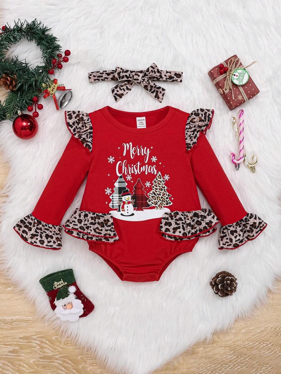 SHEIN Baby Girl Christmas Print Ruffle Trim Bodysuit & Headband - Red - View 1