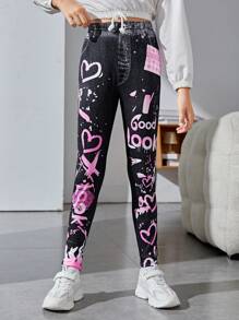 SHEIN Tween Girl Heart Print Leggings - Multicolor - View 3