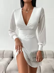 EURMUSE Plunging Neck Ruched Waist Dress - White - View 1