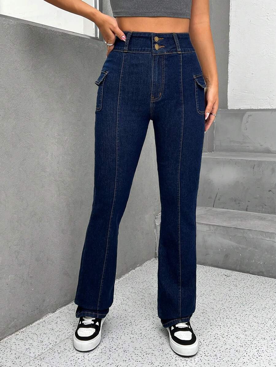 SHEIN EZwear Túi có nắp Quần ống loe - Rửa tối - Xem 1