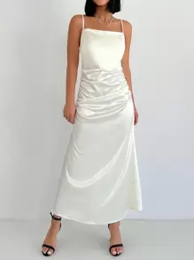 EURMUSE Solid Ruched Side Cami Dress - Apricot - View 1