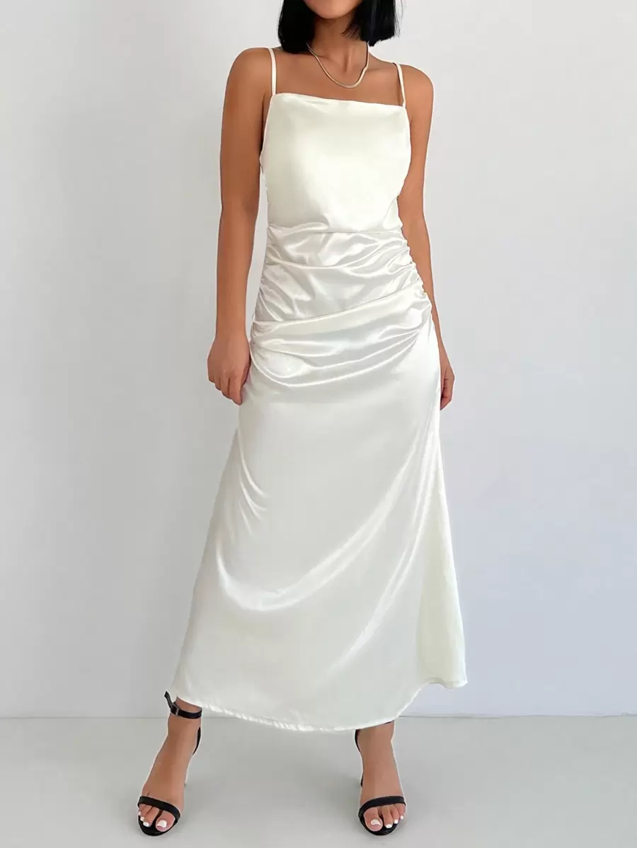 EURMUSE Solid Ruched Side Cami Dress - Apricot - View 1