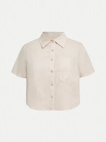 SHEIN BASICS 大碼素色前紐扣襯衫 - 米色 - 查看 6