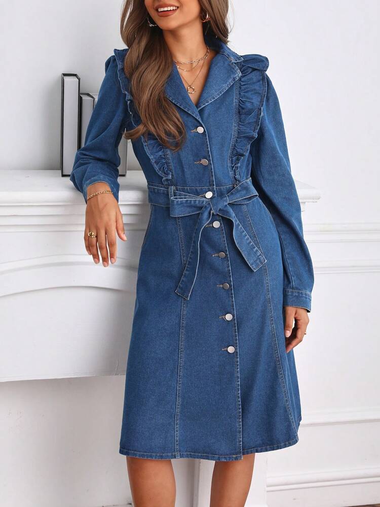 Ruffle Trim Belted Denim Dress Winter Casual