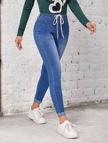 SHEIN EZwear 前繫帶斜口袋緊身牛仔褲 - 藍色 - 查看 5