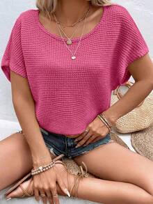 SHEIN LUNE Plus Draped Backless Batwing Sleeve Tee - Hot Pink - View 3