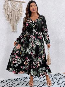 SHEIN LUNE Plus Floral Print Lantern Sleeve Split Thigh Dress - Black - View 4