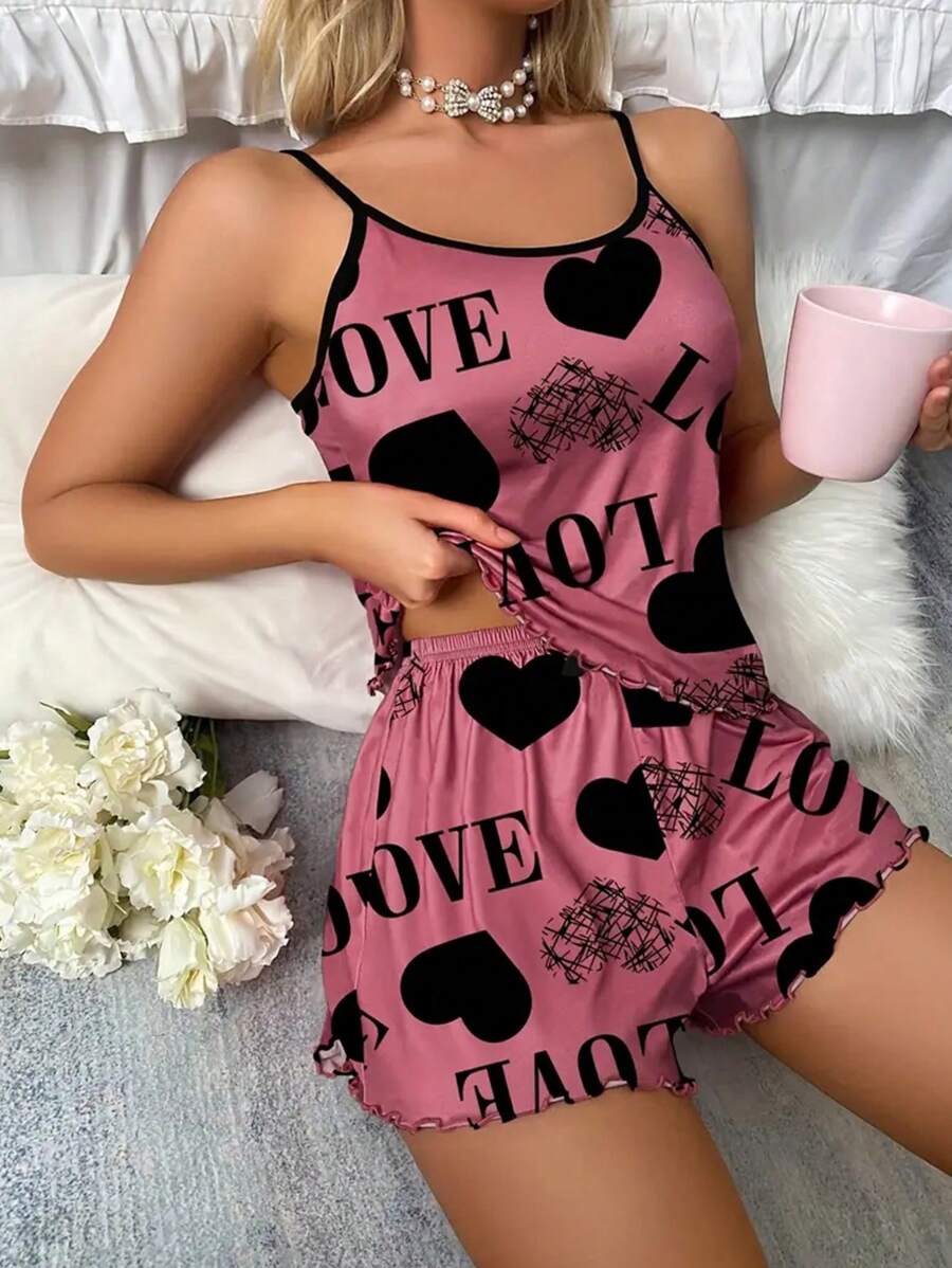 SHEIN Heart & Letter Graphic Contrast Binding Lettuce Trim PJ Set / Pajama Set - Hot Pink - View 1