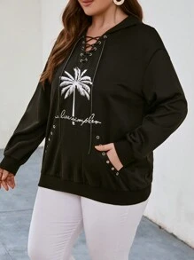 SHEIN LUNE Plus Coconut Tree Print Lace Up Front Drop Shoulder Hoodie - Black - View 5