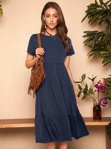 SHEIN LUNE Đầm ngắn tay màu trơn dáng casual dành cho nữ. - Màu xanh hải quân - Xem 6