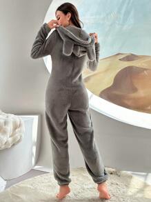 Panda & Letter Embroidery 3D Ear Design Hooded Flannel Sleep Romper, For Fall Winter - Grey - View 2