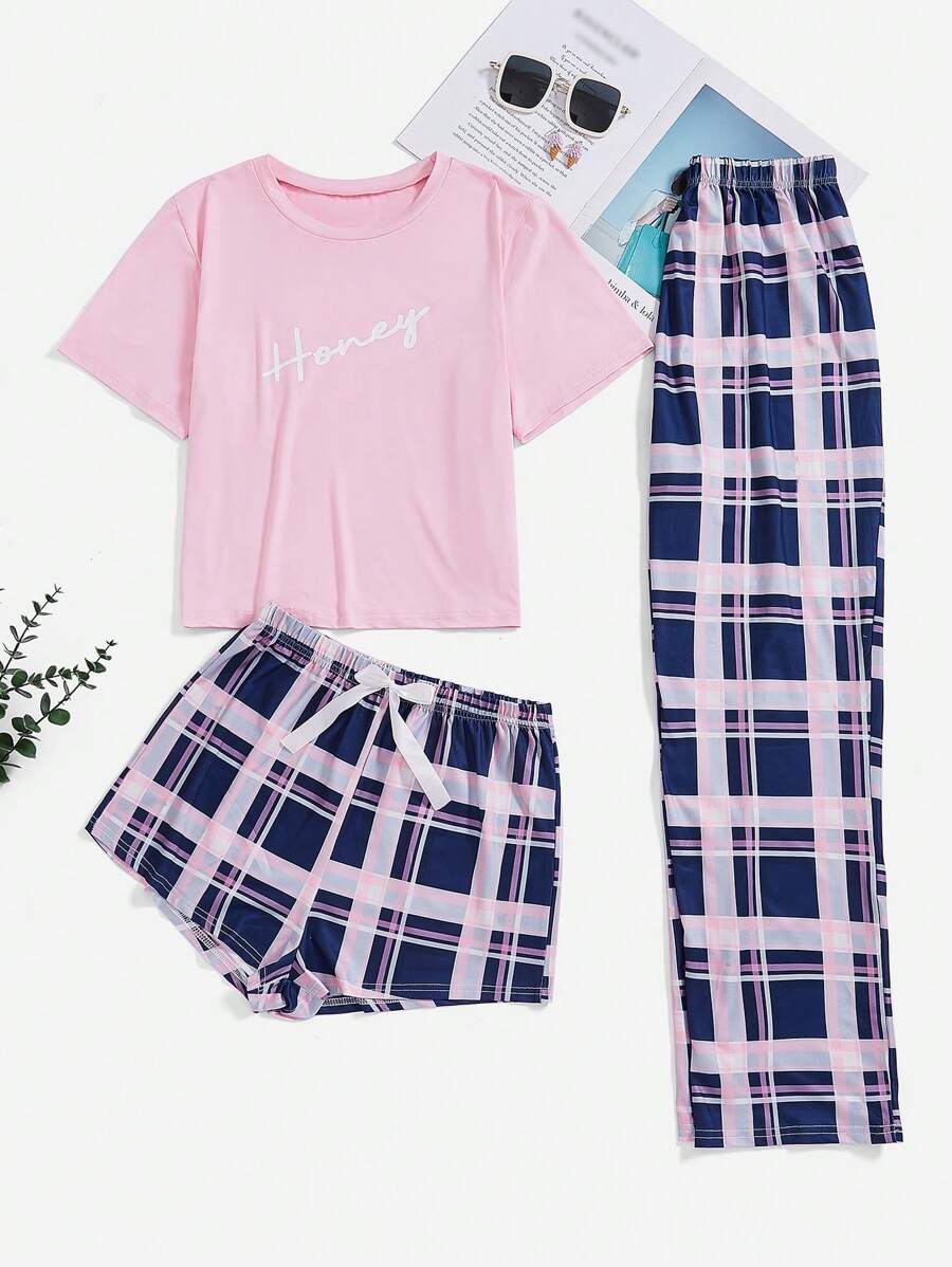 Letter Graphic Tee & Plaid Shorts & Pants PJ Set - Multicolor - View 1