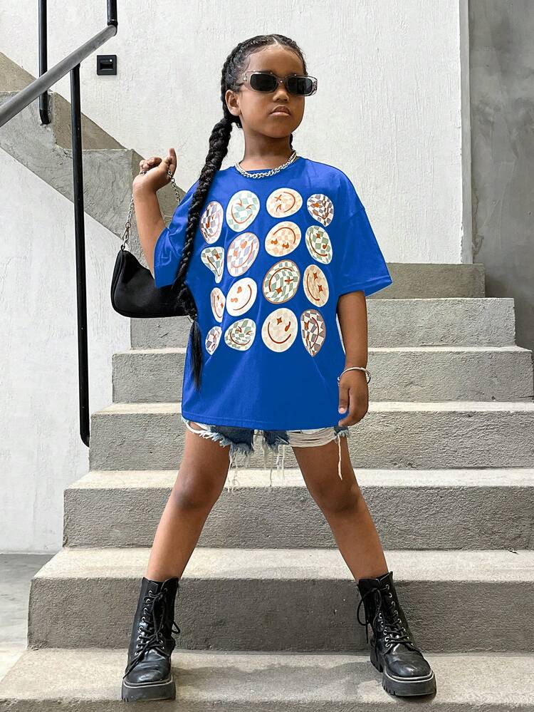 SHEIN Tween Girl Smile Face Cartoon Graphic Drop Shoulder Tee - Royal Blue - View 4