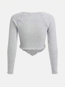 SHEIN 青少年女孩胸部褶皺木耳邊插肩袖手帕下擺T恤 - 淺灰色 - 查看 2