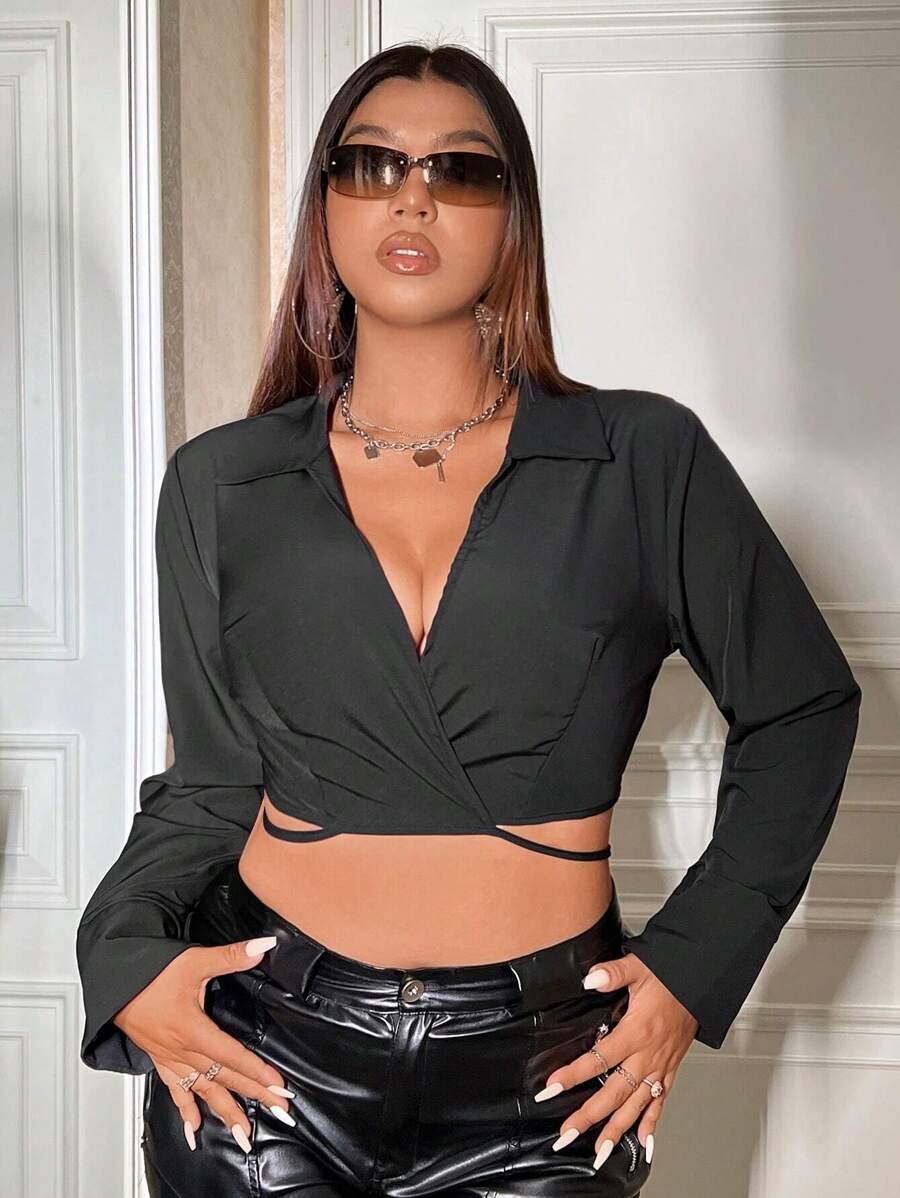 Flirla 大碼素色後綁帶短款襯衫 - 黑色 - 查看 1