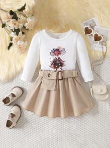 Baby Mädchen Figur Grafik, T-Shirt mit & Gürtel, Tasche Rock mit - Verschiedenfarbig - Übersicht 1