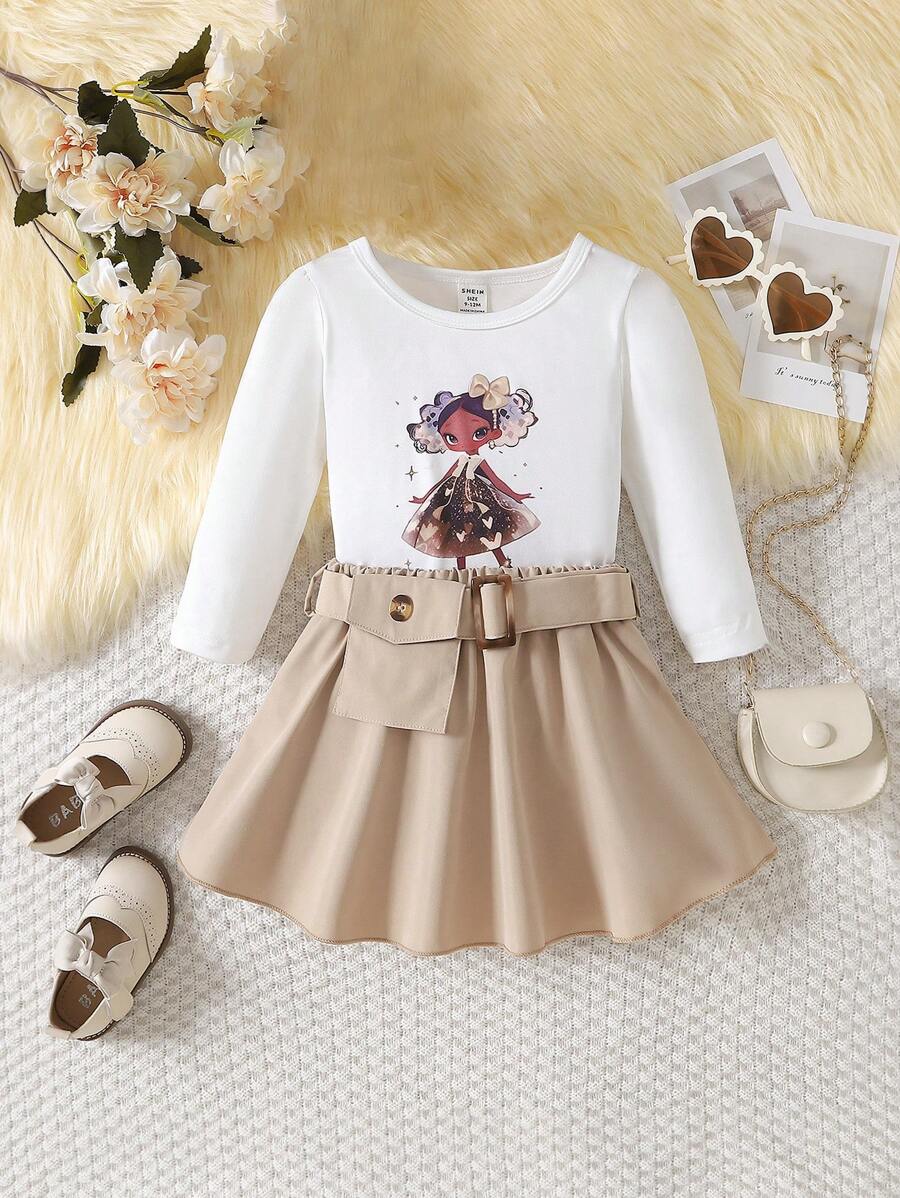 Baby Mädchen Figur Grafik, T-Shirt mit & Gürtel, Tasche Rock mit - Verschiedenfarbig - Übersicht 1
