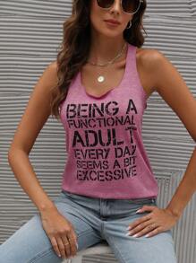 SHEIN LUNE Slogan Graphic Racer Back Tank Top BEING A FUNCTIONAL ADULT EVERY DAY SEEMS A BIT EXCESSIVE - Dusty Pink - View 3