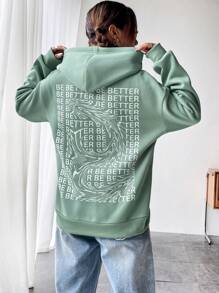SHEIN Unity 字母圖案落肩袖連帽衫 - 綠色 - 查看 5